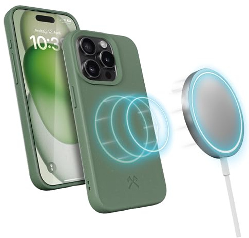 Woodcessories - BioCase, Magnetische Handyhülle für iPhone 15 Pro kompatibel mit MagSafe, Hülle mit Magnet grün - Nachhaltig aus Pflanzen