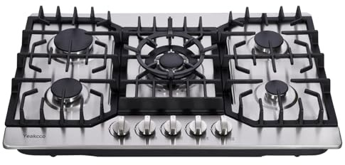 Yeakcco Gas Cooktop 30 Inch, Stainless Steel 5 Burners Built-in Stovetop Propane/Natural Gas Convertible Stove Top Dual Fuel Cooktop