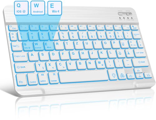 JADEMALL Bluetooth Tastatur mit 7 Farben Beleuchtung QWERTZ Deutsch für iPad, Xiaomi Pad - 10 Zoll Kabellose Tastatur, Weiß