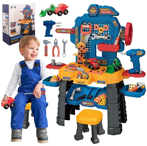 Neatki Interactive DIY Kids Tool Bench – 181-Piece Engineer Tool Set for Toddlers with 2 Drill Bits and Toy Accessories for Pretend Play and Learning Fun (Vibrant Blue)