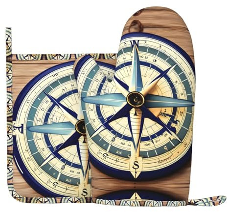 Ofenhandschuhe und Topflappen, Maritimes Segelboot, Kompass, 2-teiliges Set, zum Kochen, Grillen, Topfdeckel, Mikrowelle, hitzebeständig