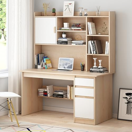 Fslvmin Tavolo da Scrittura Moderna con Ripiano, Tavolo da Studio Postazione di Lavoro con Credenza e Libreria, Scrivania per Computer in Legno con Cassetti per Casa/Ufficio