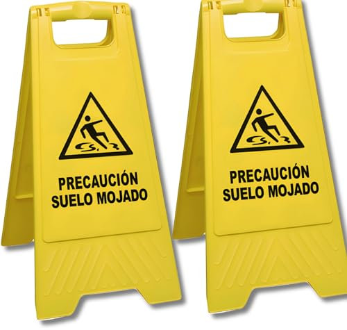 Bricoloco Cartel suelo mojado señal de advertencia y precaución de suelo resbaladizo. Colegios, hospitales, obras, portales, hostelería. Polipropileno 60x25 cms (2)