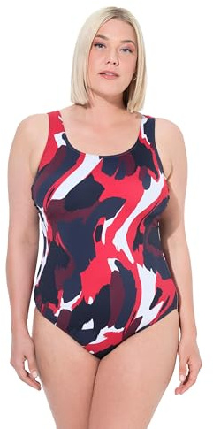 Ulla Popken Damen große Größen Übergrößen Plus Size Badeanzug, Fleckenmuster, ohne Softcups, Rundhals Marine 52 837942740-52