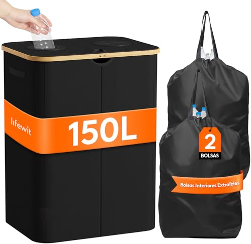Lifewit Poubelle Recyclage Transportable, Collecteur de Bouteilles Verre, Plastique, Grand Poubelle en Bambou pour Tris Selectif, 150L, Noir
