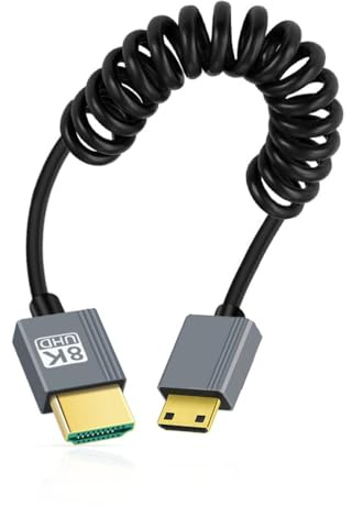 CY Cable Mini HDMI 2.1 Male to HDMI Male 8K 60hz Stretch Coiled Cable for HDTV Computer Laptop Monitor (100cm)