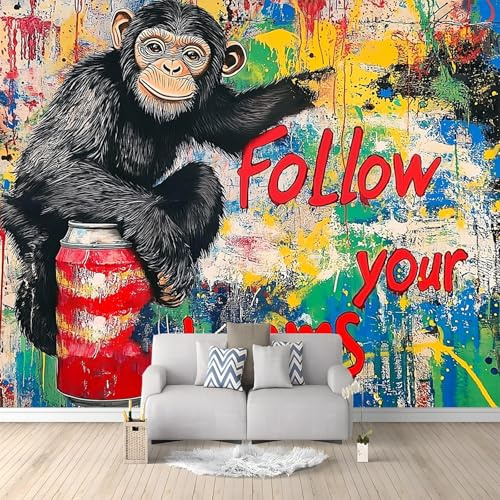 Papel Pintado Pared Panorámico Dibujo De Graffiti Chimpancé 250 x 175 cm Fotomurales No Tejido, Murales Decoración de Pared, Póster Gigante de Pared Personalizado 3D Para Salón Dormitorio