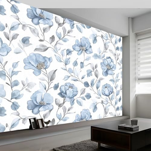 Carta da Parati Fotomurali Murale alla moda Decorazione da Muro Poster Gigante, 300 x 210 cm Boho Fiori Acquerello per Soggiorno Camera Camera dei Bambini e Decorazione da Parete Blu Bianco