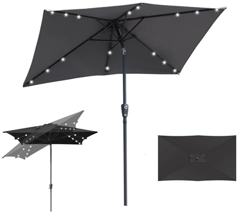 Fiqops Sonnenschirm LED Solar 300 x 200cm mit Kurbel | Sonnenschirm Rechteckig Sonnenschutz UV50+ Knickbar, Ampelschirm Terrassenschirm wasserdicht für Garten, ohne Ständer, Grau