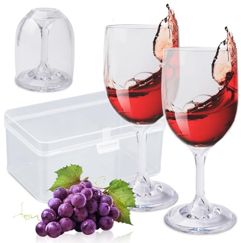 GOEDCH Copas de Vino de Plástico para Llevar: Juego de 2 Copas de Vino Inastillabl para Camping, Copa de Vino Compacta con Caja, Copas de Vino Tintos para Festivales, Camping, Picnics