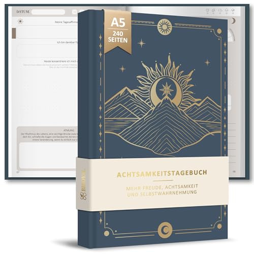 BIROYAL Dankbarkeitstagebuch, Achtsamkeitstagebuch, 5+5 Minuten, Dunkelblau | 12 Wochen mit 12 Themen, 150g Papier, A5, 5 Min. morgens + 5 Min. abends, Achtsamkeit Geschenk für Selbsterliebe & Motivation