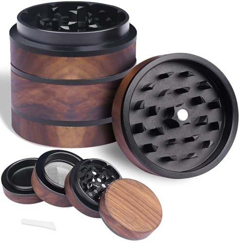 HOKHIM Holz Gewürzmühle 4-teilig mit Pollenfänger – Tragbare Kräutermühle mit magnetischem Deckel, Edelstahl-Sieb & Aluminiumkern, Ø 63 mm für getrocknete Kräuter und Gewürze - Schwarz