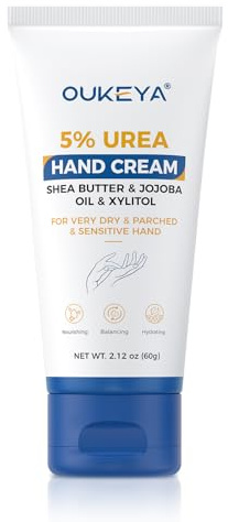 OUKEYA Crema de Manos con 5% Urea, Crema Hidratante y Reparadora para Manos Secas y Agrietadas, Absorción Rápida con Manteca de Karité y Aceite de Jojoba, Hombre y Mujer, 60g