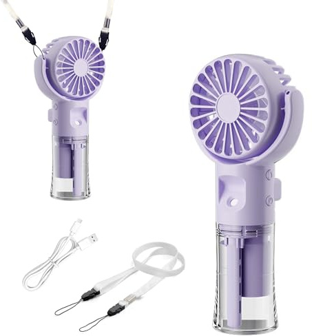Hifot Mini ventilateur à main portable rechargeable USB 4 vitesses 3 en 1 avec eau pulvérisée bureau pliable 180° avec cordon pour cou pour bureau, voyages Violet