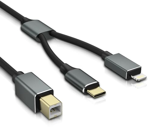 OTraki 2-in-1 MIDI Cable Printer Cable 1.5m, Type-C/Lightning to MIDI Cable Type C Compatible with Samsung, Huawei Laptop, USB C to USB B Cable for Digital Piano, MIDI Keyboard, Audio Interface, Gray