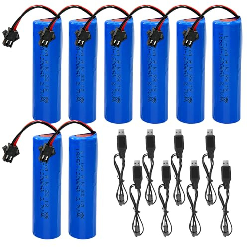 DAJASD Akku, 8 Stück 3.7 Volt Akku Li-ion 1200mAh Wiederaufladbarer mit SM-2P Stecker und USB-Ladegerät, Batterie für Ferngesteuertes Auto, Roboter