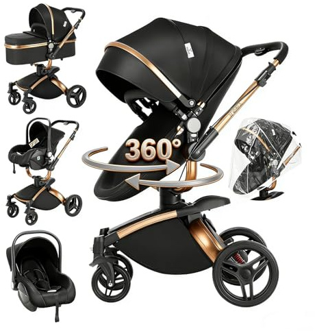 Magic ZC 360° Drehbarer PU-Leder Kinderwagen 3 in 1, Kinderwagen Set Umkehrbarem Doppelschiebemodus, Kombikinderwagen 3 in 1 Großer Babywanne, Buggy Rahmen Aluminiumlegierung Faltbar (906 Black)