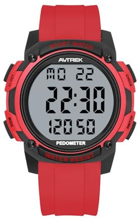 AVTREK Waterproof Pedometer Watch Step Counter for Walking No APP/Bluetooth Required Sport Fitness Tracker with LCD Large Numbers Miles Calories(Red)