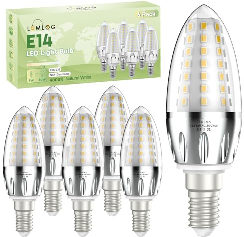 Lumlog E14 LED Light Bulb, 1300 Lumen Natural White 4000K LED Candle Bulb, 8W (80 Watts Equivalent), Energy Saving, Non-Dimmable, Pack of 6 [Energy Class C]