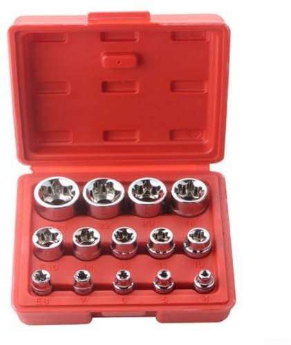 Lot de 14 douilles femelles pour embouts Torx Star avec étui, 1/2 3/8 1/4 E4 - E24