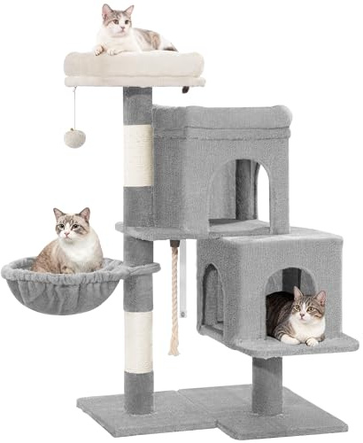 Hzuaneri Arbre a Chat, Petit Arbre à Chat de 95 cm, Griffoir, Gris Clair | Spacieux et Stable, Fond Réglable, avec Grande Plateforme Souple, Pompons, Panier, Corde en Sisal, MS09718LG
