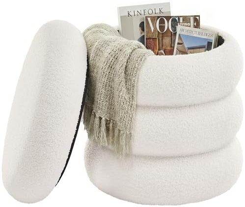 SONGMICS Sgabello Trucco, Pouf Contenitore Rotondo, Poggiapiedi Imbottito, Coperchio Rimovibile, Soggiorno Camera da Letto Ingresso, Facile da Montare, 43 x 47 cm, Peluche, Bianco LOM015WD01