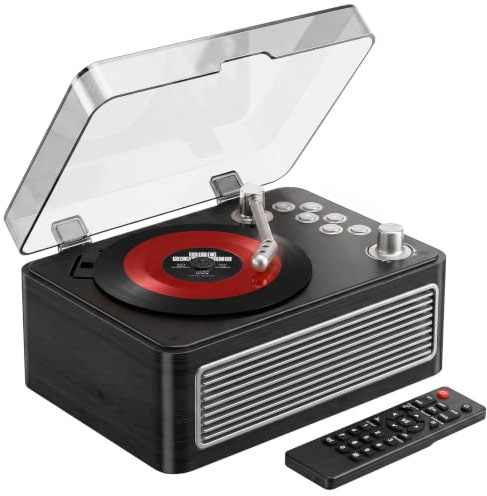 Gueray Reproductor CD Bluetooth Portátil con Altavoces 3600mAh Recargable Vintage para Hogar, Reproductor CD Retro Madera ébano Radio FM con Mando a Distancia, Soporta Reproducción USB AUX
