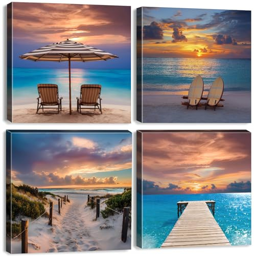 Strand Wandbild 4 Teilig Leinwandbilder Strand Meer Sonnenuntergang Küste Wanddeko Dünenweg Surfbretter Stranddeko für Badezimmer Wohnzimmer Schlafzimmer Moderne Meereslandschaft Natur Deko 30x30 cm