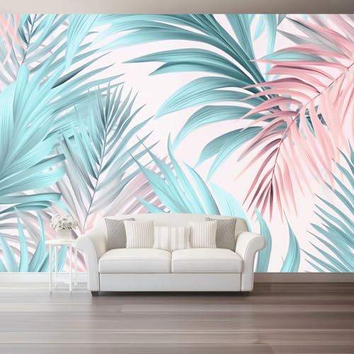 Mural de pared decorativo Rosa Azul, Diseño Elegante Hoja de palma Hojas, Papel pintado de alta definición, transpirable y resistente, ideal para salón, dormitorio u oficina 200 x 140 cm