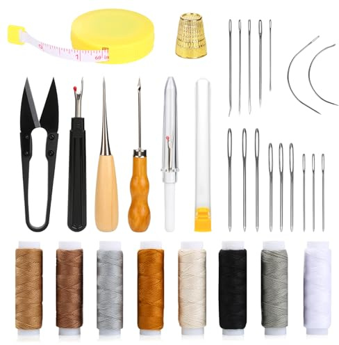 31 Stück Leder Werkzeug Set Nähset Grundausstattung für Anfänger Lederhandwerk Nähahle Nahttrenner Fingerhut Garn Ideal für Reparaturen Handnähen DIY-Lederhandwerk