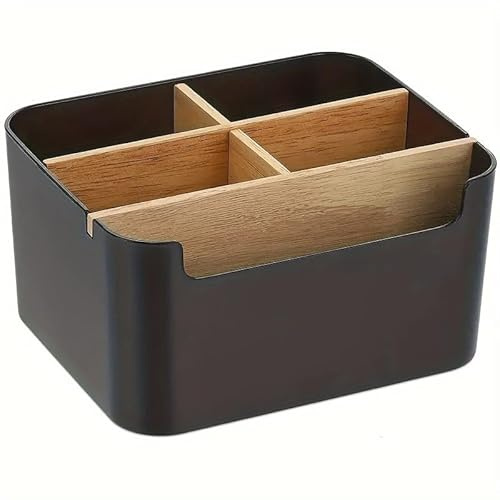 Neuytiky Organizer da Scrivania in Bambù - 5 Scomparti Rimovibili & Portapenne, Organizer Ufficio per Penne, Cosmetici, Accessori (Nero), Ideale per Ufficio & Home Office