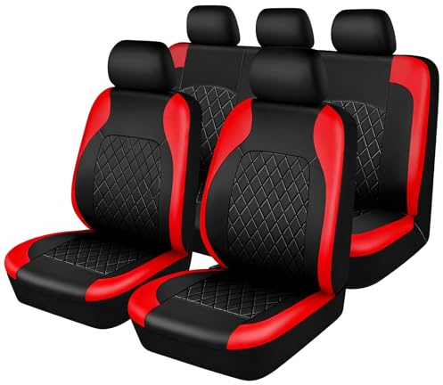 VBGURR 9 Stück Leder Autositzbezüge Sets,Wasserdichtes Sitzbezüge Auto Komplettset,Wasserdicht Vordersitze Rücksitzschoner mit Seitenairbags,AutoVordersitzbezug und Kopfstützenbezug (Rot)