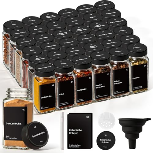 MHDCLY 36er Set Gewürzgläser mit Streueinsatz - 120ml Eckig Gewürzdosen Glas mit Deckel Schwarz - Inkl. 342 Etiketten (Deutsch) & Trichter - Spice Jars Set für Gewürz Organizer, Schublade - Luftdicht
