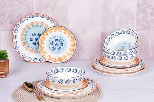 BJORN Service de vaisselle Les Essentiels NAPOLI 12 pièces – Service de table 4 personnes en porcelaine blanche peinte à la main – Assiettes et bols pour usage quotidien
