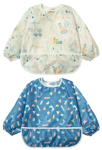 Little Dimsum Lätzchen Baby Lätzchen mit Ärmeln, Wasserdicht Abwaschbar Ärmellätzchen, Baby Bibs Set für Kleinkinder mit Großer Tasche (6-36 Monate) - 2er-Pack(Bausteine)