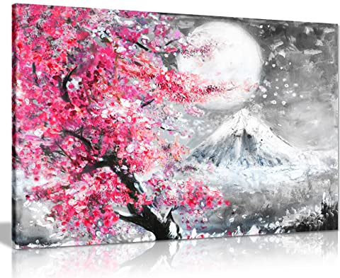 Ölgemälde, japanische Kirschblüte, Landschaft, Leinwand, Wandkunst, Bilddruck, 61 x 40 cm, Rosa/Schwarz/Weiß