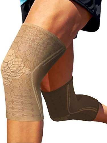 Sparthos Knee Compression Sleeves (Pair) – Joint Protection and Support for Sports, Running – Knee Brace for Men and Women – ACL Bursitis Meniscus Tear - Check Size Chart (Beige-L, 10-12″ Knee)
