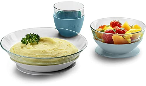 Béaba & Duralex, Juego de Vajilla Infantil, Set de 3 Piezas para bebé, Plato + Bol + Taza, Cristal Templado con Ventosa de Silicona, Multicolores(Jungla)