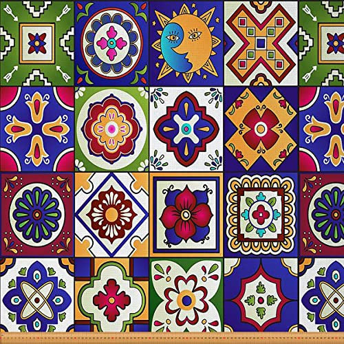 Boho Stoff Meterware Talavera Polsterstoff Quadratischer Fliesen Dekostoff Mandala Sonne Mond Blume Drinnen Draußen Stoff Geometrische DIY Kunst Wasserdichter Stoff Mehrfarbig 184 x 150 (HxB)