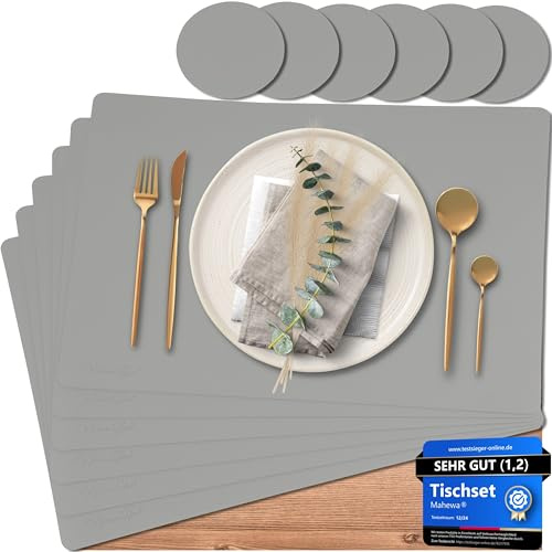 Mahewa® 6er Set Premium Tischset aus Kunstleder - Platzset abwaschbar und wasserdicht - Platzdeckchen Telleruntersetzer in Lederoptik (Hellgrau, Eckig)
