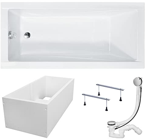 KOLMAN Badewanne MODERN Rechteck 180x80 mit Wannenträger, Ablaufgarnitur und Füßen Komplettset 4in1 Premium Original Acryl Wanne Siphon