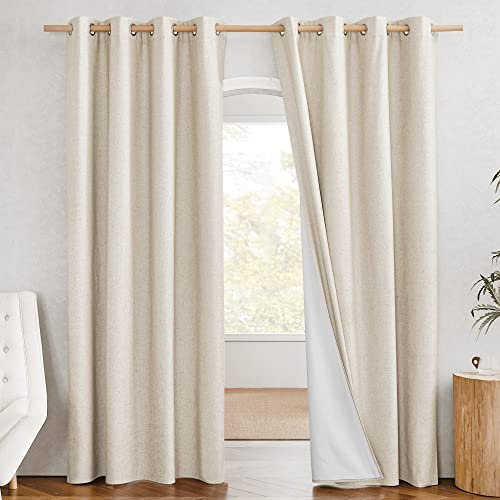PONY DANCE Beige Linen Curtains 213cm 100% Blackout Thermal Door Curtain with Top Eyelets for Room Noise Reduction Curtains for Living Room Bedroom 132cm Wide 2 Panels