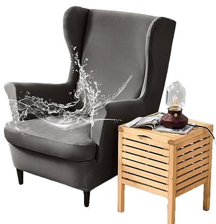 Fansu Funda de Sillón de Orejero Elástica, Impermeable Color sólido Relax Funda de Sofá con Funda de Cojín 2-Piezas, Fundas Protector de Butaca para Strandmon, Dormitorio Recepción (Gris Oscuro)