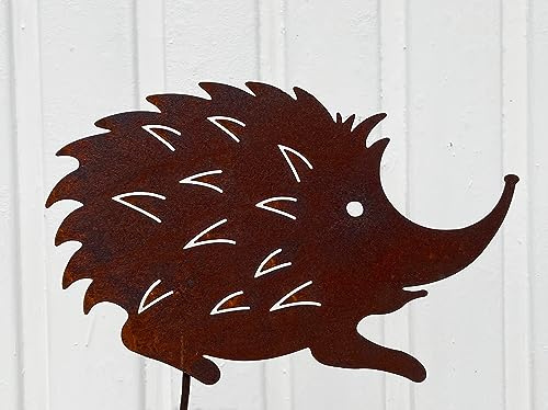STEINFIGURENWELT GIEBEN Igel mit spitzer Nase 16x25cm zum Stecken Gartenstecker Edelrost Gartendeko Wetterfest Rost Gartenfigur Metall Rostfigur Tier Waldtier Herbstdeko