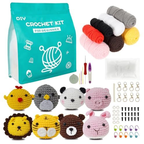 Alongen 8 Pcs Beginners Crochet Kit,Adorable Animal Crochet Starter Pack with Yarn Stuffing Keychain DIY Crochet Craft Kit with Step-by-Step Video (8PCS)