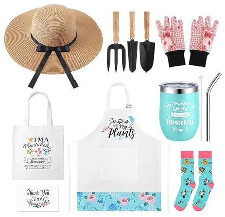 Ensemble de jardinage 10 pièces for femmes avec chapeau, outils for plantes, tablier, gants, ensemble d'outils de jardin, râteau à main for cultivateur, truelle de transplantation de fleurs, outils de