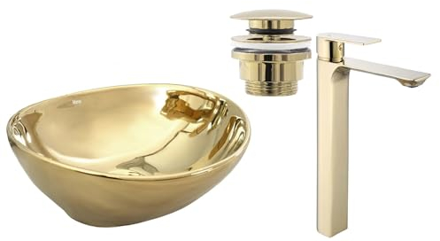 GTM Design Aufzatzwaschbecken mit Armatur - Waschbecken mit Hahn - Waschbeckenarmatur Gold - Aufzatzwaschbecken Oval - Waschbecken Gold Glanz - Aufsatzwaschbecken mit Armatur komplett Set