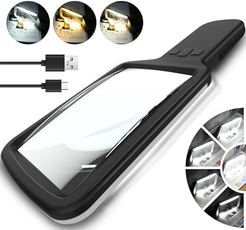 Tobegiga Lupe mit Licht, 10-fache Leselupe mit Licht für Senioren Groß USB-Aufladung, 3 Farbmodi Handlupe, stufenlos dimmbare beleuchtete Lupe Lesehilfe mit Makuladegeneration und Sehschwäche