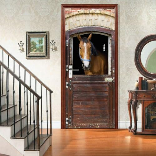 Türtapete Selbstklebend 77x200 Pferd Türaufkleber 3D Türposter Retro-Holztür Fototapete Türfolie Türklebefolie Wasserdichte für Türwand Dekoration Tapete 7953m