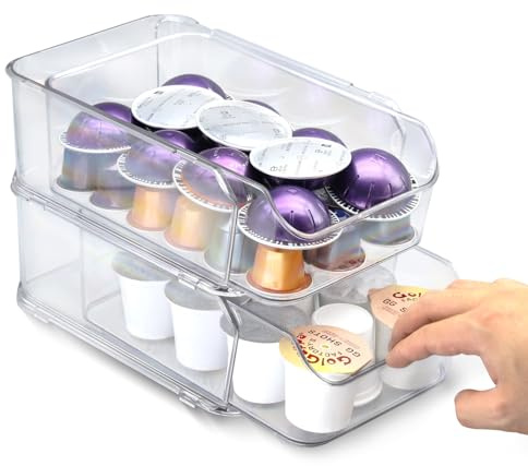 Famaster Porta cialde da caffè trasparente per bancone, cassetto trasparente per cialde K, organizer per cialde di caffè, compatibile con Nespresso Vertuo 38 cialde grandi o 52 piccole e cialde